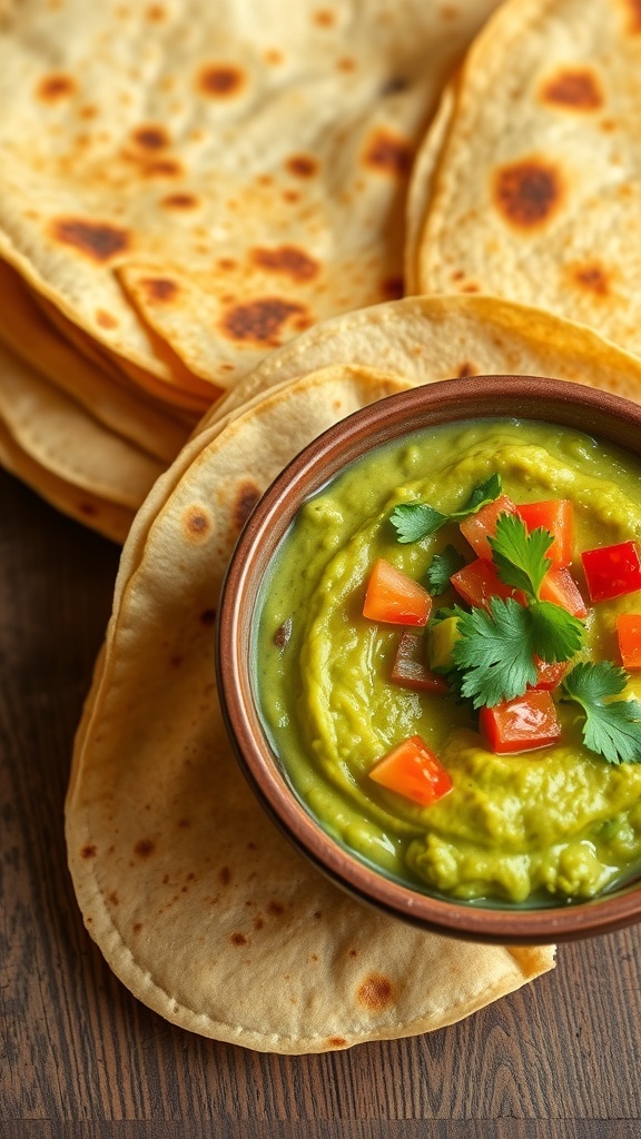 Freshly made tortillas with a bowl of guacamole garnished with cilantro and tomatoes on a wooden table.